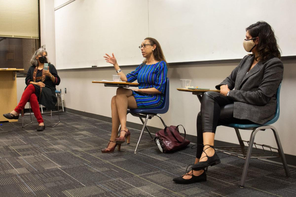 WGSS Director Ashwini Tambe with WGSS MA alums Sharon Rogers and Priya Purandare for an event on Careers in Gender and Representation